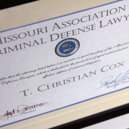 Missouri Association of Criminal Defense Lawyers membership certificate for T. Christian Cox