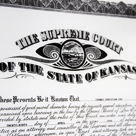 Certificate presented from The Supreme Court of Kansas to T. Christian Cox